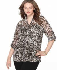 Take a walk on the wild side with Style&co.'s three-quarter sleeve plus size blouse, spotlighting an animal print.