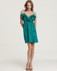 Master the art of style seduction with a flourish of ruffles, a plunging neckline and a deep turquoise hue. Irresistible in every way, this Milly dress is the life of the party--always exciting and memorable, and gorgeous in every way.