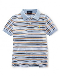 A short-sleeved polo is rendered in soft, breathable striped jersey-knit cotton.