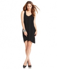 A stylishly slouchy shape and draped fringe trim adds a chic spin to this BCBGMAXAZRIA little black dress -- a soiree staple!