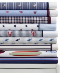 Pattern perfect. Bold prints and primary hues bring fresh, all-American flair to your bedroom with these extra soft Tommy Hilfiger sheet sets. Featuring pure ringspun combed cotton.
