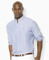 Cut for a relaxed, classic fit, a sophisticated long-sleeved shirt is crafted in soft woven cotton with a preppy, multi-hued striped pattern for timeless appeal.