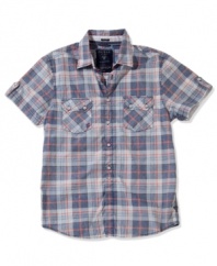 Classic style never fades. That means you'll always look great sporting this short-sleeved, plaid shirt from Guess.