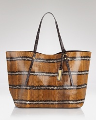 Add sleek chic to your daily routine with Michael Kors' stripe snakeskin tote. Carry the classy bag to lend exotic appeal to daily jaunts and tropical retreats--it likes to travel in style.