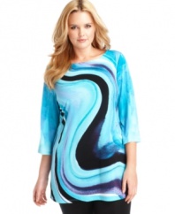 Liven up your neutral bottoms with Style&co.'s three-quarter sleeve plus size top, featuring an eye-catching print.