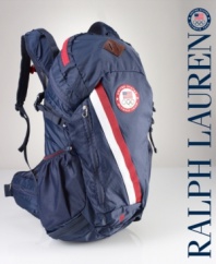 Emboldened with country details to celebrate Team USA's participation in the 2012 Olympics, a durable backpack is rendered in sleek nylon ripstop with sturdy webbing and mesh trim for rugged go-anywhere style.