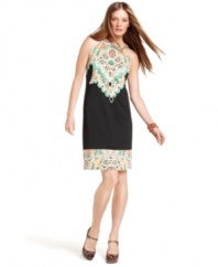 Jazz up your summer wardrobe with this sheath from INC, featuring a vibrant print at the bodice and hem. Pair this rhinestone-studded dress with a strappy heel for a luxe look.