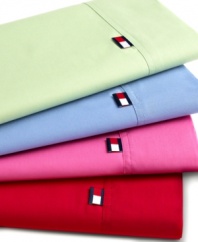 Tommy Hilfiger presents these soft, 200-thread-count combed cotton sheets in a range of vivid colors. Fabric becomes more luxuriously soft with every wash. Set includes a flat and fitted sheets and two standard pillowcases. Extra-deep pockets fit mattresses to 15 thick.