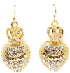 Designer Inspired Gold Plated Crown Heart Crystal Pave Couture Dangle Earrings with Love Me Banner