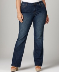 Plus size fashion highlighted by a classic fit. This pair of boot cut jeans from DKNY Jeans' collection of plus size clothes features a medium wash.