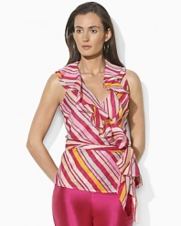 Vibrant stripes and airy ruffles lend a touch of romance to an elegant wrap blouse in slightly sheer woven cotton.