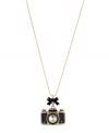 Picture perfect. A chic camera pendant adorns this unique necklace from Betsey Johnson. With a charming bow embellishment and sparkling crystal details, it's crafted in gold tone mixed metal. Approximate length: 30 inches + 3-inch extender. Approximate drop: 1-6/10 inches.