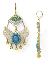 Bold blue and yellow acrylic stones set against gold-plated filigree ensure that Aqua's statement drop earrings perfect color pop style.