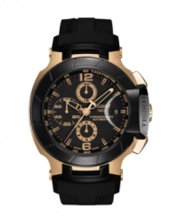Inspired by the world of moto-racing, the T-Race watch by Tissot blends gold-winning details with speedy precision. Crafted of black rubber strap and round rose-gold PVD stainless steel case. Black chronograph dial features tachymeter scale, minute track, date window at three o'clock, three hands, numerals at six and twelve o'clock, three subdials and logo. Swiss automatic movement. Water resistant to 100 meters. Two-year limited warranty.
