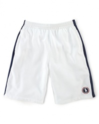 A preppy short rendered from soft cotton mesh is accented with side-seam stripes and a signature Ralph Lauren pony emblem, celebrating Team USA's participation in the 2012 Olympics.