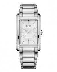 Dress up or down, this sleek Hugo Boss timepiece will make you the center of attention. Crafted of stainless steel bracelet and rectangular case. Silver tone dial with grid-patterned inner dial, applied stick indices, three hands, logo at twelve o'clock and date window at six o'clock. Quartz movement. Water resistant to 30 meters. Two-year limited warranty.