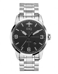 Subtle features add understated style to this fine watch from ESQ by Movado. Crafted of stainless bracelet and round case. Black aviation-inspired dial with silver tone applied stick indices, numerals at three, six and nine o'clock, date window at four o'clock, three hands and plane logo at twelve o'clock. Swiss quartz movement. Water resistant to 50 meters. Two-year limited warranty.