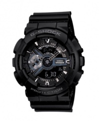 Make your presence known. Watch by G-Shock crafted of black resin strap and round case with logo at bezel. Layered analog and digital display dial features shock and magnetic resistance, auto LED light with afterglow, world time, four daily alarms, one snooze, hourly time signal, stopwatch, countdown timer, full auto calendar and 12/24-hour formats. Quartz movement. Water resistant to 200 meters. One-year limited warranty.