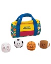 Gund My First Sports Bag. Your precious little one's favorite plush duffel bag holds assorted plush balls. The baseball crinkles, the basketball rattles, the soccer ball boings, and the football squeaks. All sport smiley faces.