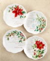 A season of entertaining and celebration will flourish with the assorted Winter Meadow dessert plates from Lenox. Red poinsettia and amaryllis, crisp holly and delicate paperwhites bloom on scalloped ivory porcelain with elegant gold script.