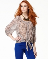 A geometric print adds edge to this retro-inspired Bar III tie top -- contrast it over colored denim!