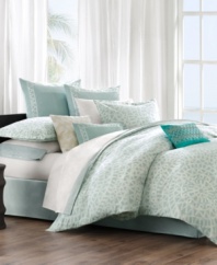 Reminiscent of exquisite Grecian architecture, this Mykonos comforter set from Echo lends a completely serene yet eye-catching look to the bedroom. Classic inspiration is transformed into a modern chic look with a distressed geometric design that sits upon a muted aqua ground.