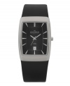 Steer clear of fleeting trends and remain timeless with this classic Skagen Denmark dress watch. Black leather strap and rectangular stainless steel case. Black dial features silvertone stick indices, date window at six o'clock, luminous hands and logo. Quartz movement. Water resistant to 30 meters. Limited lifetime warranty.