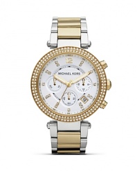 Tap this season's duo tone watch trend with this stainless steel bracelet from MICHAEL Michael Kors. It's chronograph movement is ever-practical while glitz accents give this piece a distinctive stamp.