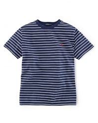 An essential short-sleeved tee is crafted from soft jersey-knit cotton with an allover striped pattern for a handsome, preppy look.
