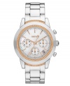 A classically styled boyfriend watch from DKNY, given the ladylike treatment with rosy accents.
