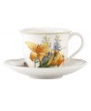 Garden party. The Floral Meadow cup and saucer set brings eternal spring with a mixed bouquet rooted in resilient everyday porcelain. A scalloped edge and green banding add to the charm of the graceful mix-and-match Lenox dinnerware collection. (Clearance)