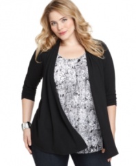 Looking chic is a snap with ABG's layered look plus size top, including an open front cardigan and ruffled inset. (Clearance)
