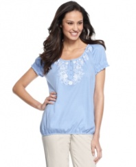 A peasant top gets a little sparkle with studded embroidery at the chest, from Karen Scott. A perfect piece with khakis or white pants!