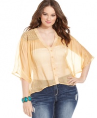 Be a sheer beauty in American Rag's butterfly sleeve plus size top, featuring a crochet back.
