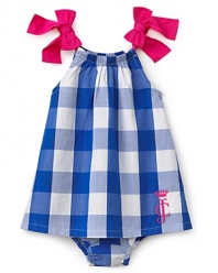 A country-cute gingham print gets eye-popping color and oversized bows on this party-ready dress from Juicy Couture. Matching panty included.