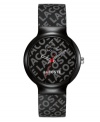 Repeat your regard for Lacoste. This unisex Goa watch is crafted of black silicone strap with light gray repeating text logo and round black plastic case. Black dial features light gray repeating text logo, cut-out hour and minute hand, red second hand, white iconic crocodile logo at twelve o'clock and white text logo at six o'clock. Quartz movement. Water resistant to 30 meters. Two-year limited warranty.