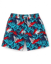 Brighten up the beach with a colorful pair of Vilebrequin swim trunks, patterned with a super-cool print of coral and fish to reflect your fun-in-the-sun vibe.