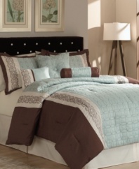 An embroidered geometric circular pattern, over waves of cool blue color, creates luxurious texture in this Ashbery comforter set. Pieces are accented with contrasting brown and cream tones. Comes complete with bedskirt, shams and three delicate decorative pillows for an exquisite allure. (Clearance)