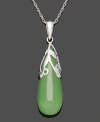 The look of serenity, this peaceful style is both calming and cool. Crafted from a sold, teardrop-shaped jade (10 mm x 25 mm), a swirling sterling silver overlay and chain adds the perfect final touch. Approximate length: 18 inches. Approximate drop: 1-1/2 inches.