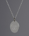 The perfect gift for your favorite mate. This oval-shaped pendant features the word Friends engraved on the surface with a double heart accent. Crafted in sterling silver. Approximate length: 18 inches. Approximate drop: 3/4 inch.