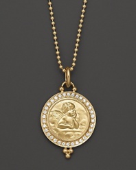 18K yellow gold medallion, surrounded by diamond pavé and etched with a thoughtful angel. By Temple St. Clair.