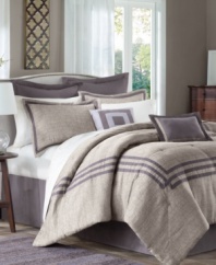 Casual meets contemporary in the Affinia comforter set. A soothing, heather gray jacquard comforter boasts tailored stripes for a comfortable look with a polished appeal. The coordinating bedskirt, European shams and decorative pillows tie the look together with pops of solid color and smart stripes. (Clearance)