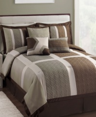 Contemporary cool. Geometric embroidery and bold lines lend a modern appeal to soft tones of silver, gray and mocha for a look of sleek sophistication. Featuring a coordinating solid bedskirt and patterned accent pillows, the Boxwood comforter set evokes a look of polished perfection.