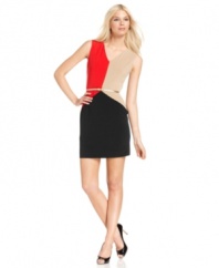Calvin Klein puts a chic spin on colorblocking with this belted dress--it's fashion-forward at the office and makes a seamless transition to after-hours engagements!