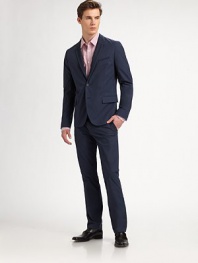 Not your basic blazer, this suiting essential tailored in lightweight cotton, adds a personalized touch with a two-toned finish on the lapel and chest welt pocket.Button-frontChest welt, waist flap pocketsRear ventAbout 28 from shoulder to hemCottonDry cleanImported
