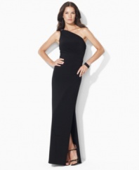 The sweeping glamour of a one-shoulder silhouette is captured in the elegant matte jersey dress from Lauren by Ralph Lauren, embellished with delicate ruching and a dazzling crystal-encrusted accent.