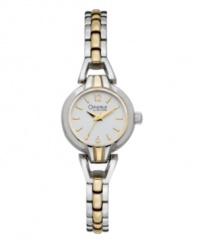 A perfectly petite dress watch styled in traditional two-tone metal. By Caravelle by Bulova. Two-tone bracelet and round case. Silver tone sunray dial features gold tone numerals at twelve and six o'clock, stick indices, three hands and logo. Quartz movement. Water resistant to 30 meters. Two-year limited warranty.