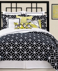 Black and white chic. A latticework design creates a bold look in this Black Trellis comforter set from Trina Turk for a decidedly contemporary appeal.