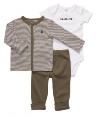 Sharpen up his baby style with this three piece set from Carters.  You can't get cuter than a cardigan!