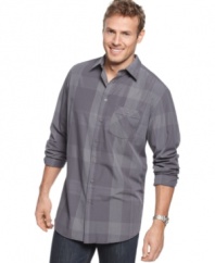 Muted colors pop with a plaid design on this sophisticated big and tall shirt from Alfani.